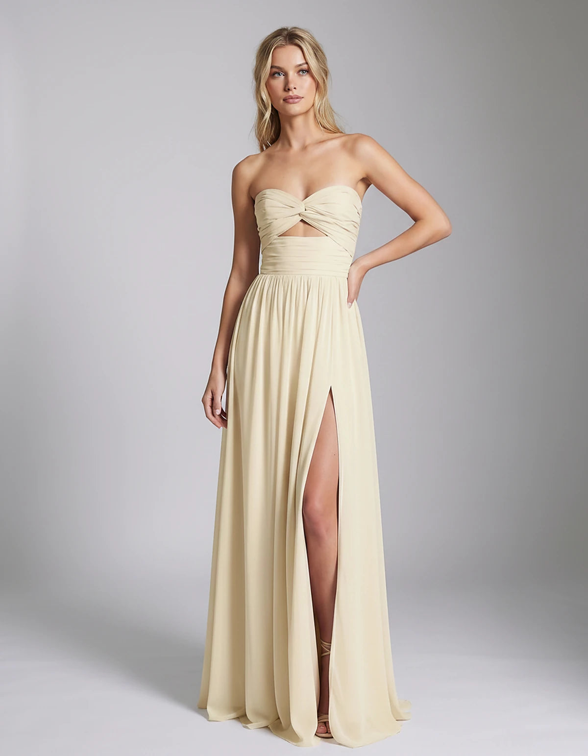 Chiffon Strapless Sweetheart A-Line Maxi Dress with High Slit for Party, Cocktail, Evening, Wedding Guest & Summer Events, fr