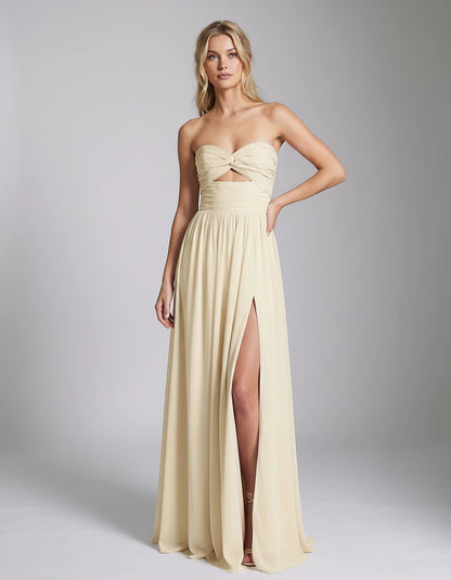 Chiffon Strapless Sweetheart A-Line Maxi Dress with High Slit for Party, Cocktail, Evening, Wedding Guest & Summer Events, fr