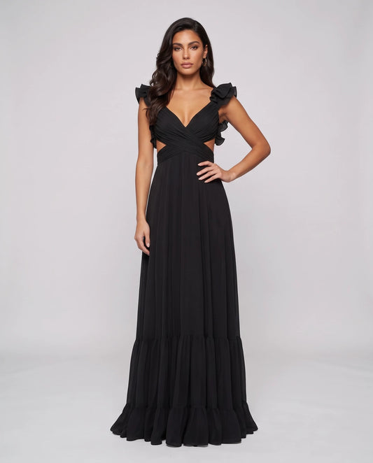 Chiffon Floral Ruffle Sleeve V-Neck A-Line Maxi Dress for Party, Cocktail, Evening, Wedding Guest & Summer Events, back view | SKU: SMD-583741926184507-BLACK-L,SMD-583741926184507-BLACK-M,SMD-583741926184507-BLACK-S,SMD-583741926184507-BLACK-XL,SMD-583741926184507-BLACK-XS