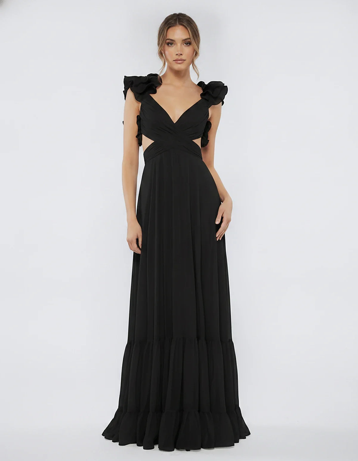 Chiffon Floral Ruffle Sleeve V-Neck A-Line Maxi Dress for Party, Cocktail, Evening, Wedding Guest & Summer Events, front view | SKU: SMD-583741926184507-BLACK-L,SMD-583741926184507-BLACK-M,SMD-583741926184507-BLACK-S,SMD-583741926184507-BLACK-XL,SMD-583741926184507-BLACK-XS
