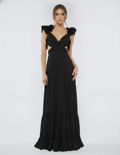 Chiffon Floral Ruffle Sleeve V-Neck A-Line Maxi Dress for Party, Cocktail, Evening, Wedding Guest & Summer Events, front view | SKU: SMD-583741926184507-BLACK-L,SMD-583741926184507-BLACK-M,SMD-583741926184507-BLACK-S,SMD-583741926184507-BLACK-XL,SMD-583741926184507-BLACK-XS