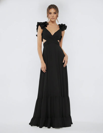 Chiffon Floral Ruffle Sleeve V-Neck A-Line Maxi Dress for Party, Cocktail, Evening, Wedding Guest & Summer Events, front view | SKU: SMD-583741926184507-BLACK-L,SMD-583741926184507-BLACK-M,SMD-583741926184507-BLACK-S,SMD-583741926184507-BLACK-XL,SMD-583741926184507-BLACK-XS