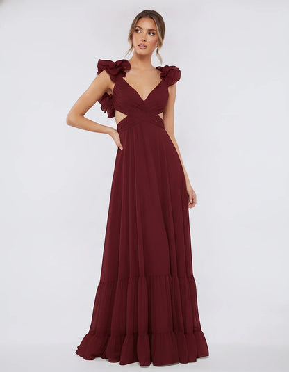 Chiffon Floral Ruffle Sleeve V-Neck A-Line Maxi Dress for Party, Cocktail, Evening, Wedding Guest & Summer Events, front view | SKU: SMD-583741926184507-WINE-L,SMD-583741926184507-WINE-M,SMD-583741926184507-WINE-S,SMD-583741926184507-WINE-XL,SMD-583741926184507-WINE-XS