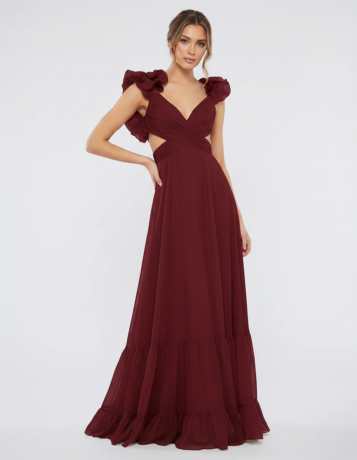 Chiffon Floral Ruffle Sleeve V-Neck A-Line Maxi Dress for Party, Cocktail, Evening, Wedding Guest & Summer Events, front view | SKU: SMD-583741926184507-WINE-L,SMD-583741926184507-WINE-M,SMD-583741926184507-WINE-S,SMD-583741926184507-WINE-XL,SMD-583741926184507-WINE-XS