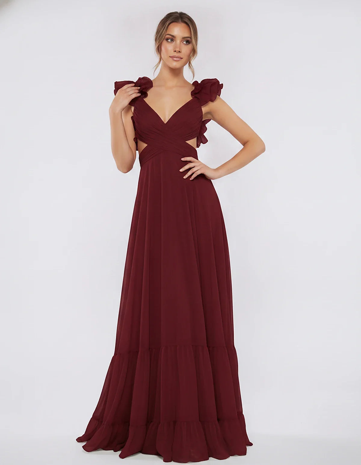 Chiffon Floral Ruffle Sleeve V-Neck A-Line Maxi Dress for Party, Cocktail, Evening, Wedding Guest & Summer Events, front view | SKU: SMD-583741926184507-WINE-L,SMD-583741926184507-WINE-M,SMD-583741926184507-WINE-S,SMD-583741926184507-WINE-XL,SMD-583741926184507-WINE-XS