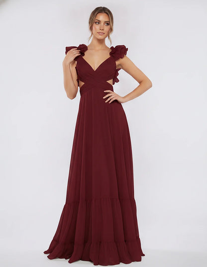 Chiffon Floral Ruffle Sleeve V-Neck A-Line Maxi Dress for Party, Cocktail, Evening, Wedding Guest & Summer Events, front view | SKU: SMD-583741926184507-WINE-L,SMD-583741926184507-WINE-M,SMD-583741926184507-WINE-S,SMD-583741926184507-WINE-XL,SMD-583741926184507-WINE-XS