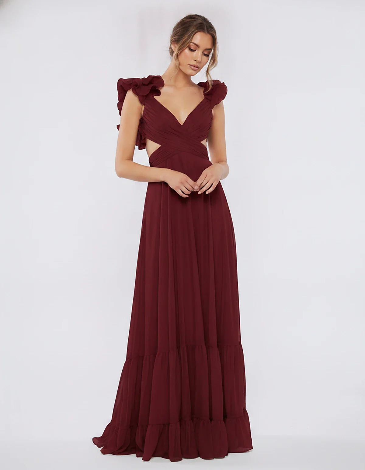 Chiffon Floral Ruffle Sleeve V-Neck A-Line Maxi Dress for Party, Cocktail, Evening, Wedding Guest & Summer Events, front view | SKU: SMD-583741926184507-WINE-L,SMD-583741926184507-WINE-M,SMD-583741926184507-WINE-S,SMD-583741926184507-WINE-XL,SMD-583741926184507-WINE-XS