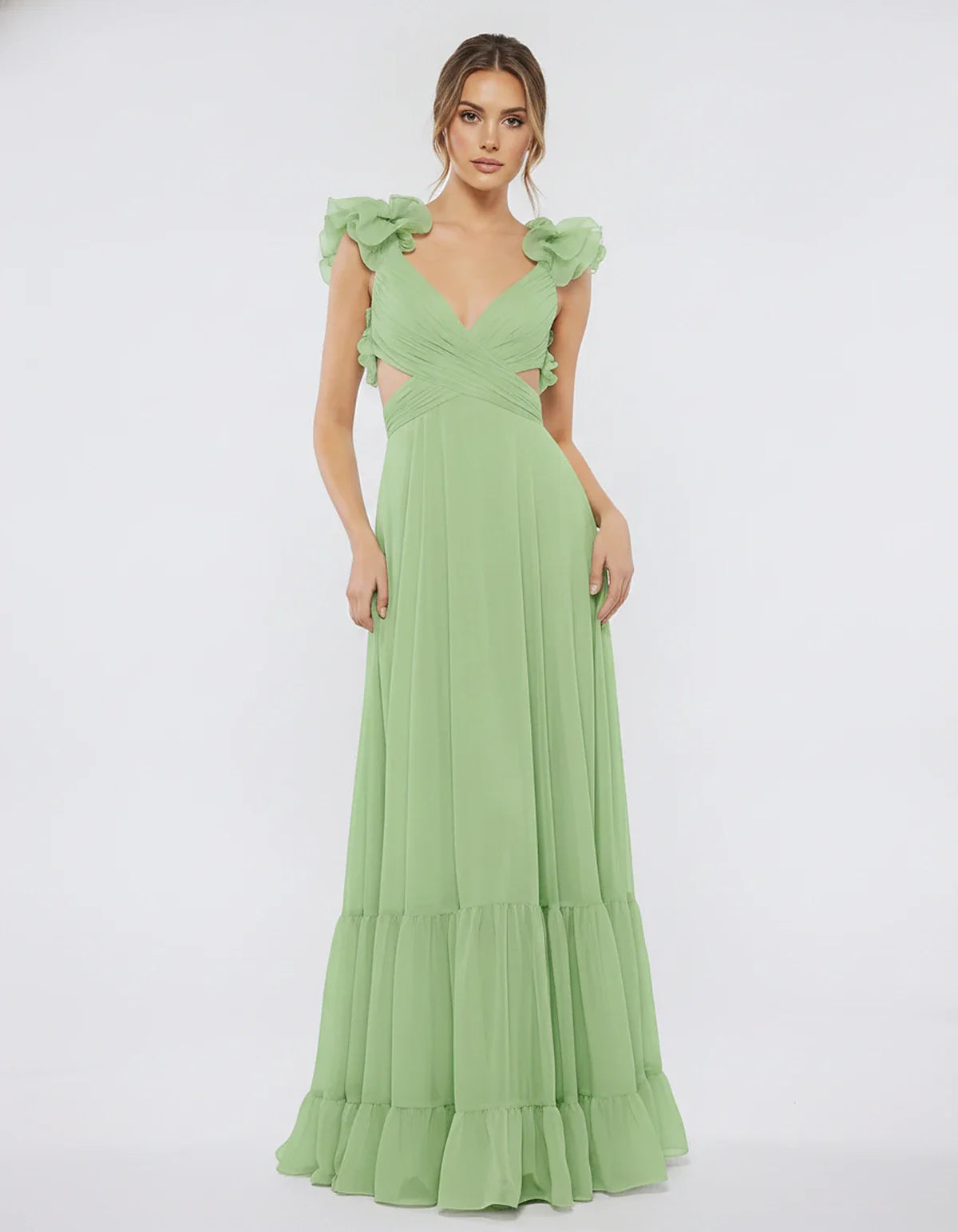 Chiffon Floral Ruffle Sleeve V-Neck A-Line Maxi Dress for Party, Cocktail, Evening, Wedding Guest & Summer Events, front view | SKU: SMD-583741926184507-SAGE-L,SMD-583741926184507-SAGE-M,SMD-583741926184507-SAGE-S,SMD-583741926184507-SAGE-XL,SMD-583741926184507-SAGE-XS