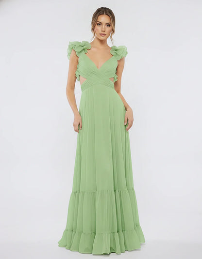 Chiffon Floral Ruffle Sleeve V-Neck A-Line Maxi Dress for Party, Cocktail, Evening, Wedding Guest & Summer Events, front view | SKU: SMD-583741926184507-SAGE-L,SMD-583741926184507-SAGE-M,SMD-583741926184507-SAGE-S,SMD-583741926184507-SAGE-XL,SMD-583741926184507-SAGE-XS