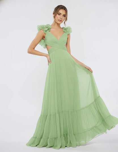 Chiffon Floral Ruffle Sleeve V-Neck A-Line Maxi Dress for Party, Cocktail, Evening, Wedding Guest & Summer Events, front view | SKU: SMD-583741926184507-SAGE-L,SMD-583741926184507-SAGE-M,SMD-583741926184507-SAGE-S,SMD-583741926184507-SAGE-XL,SMD-583741926184507-SAGE-XS