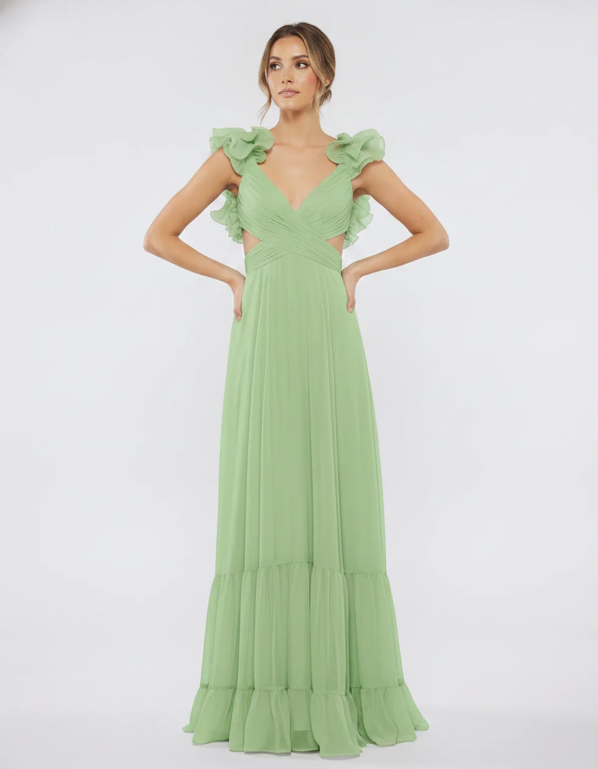 Chiffon Floral Ruffle Sleeve V-Neck A-Line Maxi Dress for Party, Cocktail, Evening, Wedding Guest & Summer Events, front view | SKU: SMD-583741926184507-SAGE-L,SMD-583741926184507-SAGE-M,SMD-583741926184507-SAGE-S,SMD-583741926184507-SAGE-XL,SMD-583741926184507-SAGE-XS