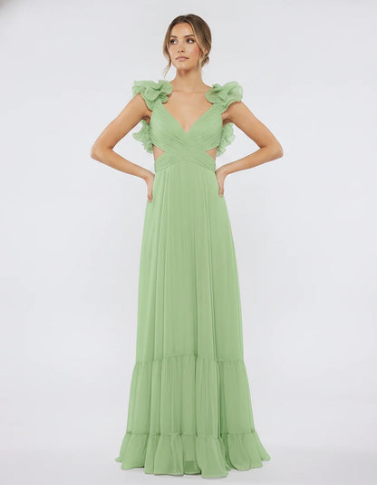 Chiffon Floral Ruffle Sleeve V-Neck A-Line Maxi Dress for Party, Cocktail, Evening, Wedding Guest & Summer Events, front view | SKU: SMD-583741926184507-SAGE-L,SMD-583741926184507-SAGE-M,SMD-583741926184507-SAGE-S,SMD-583741926184507-SAGE-XL,SMD-583741926184507-SAGE-XS