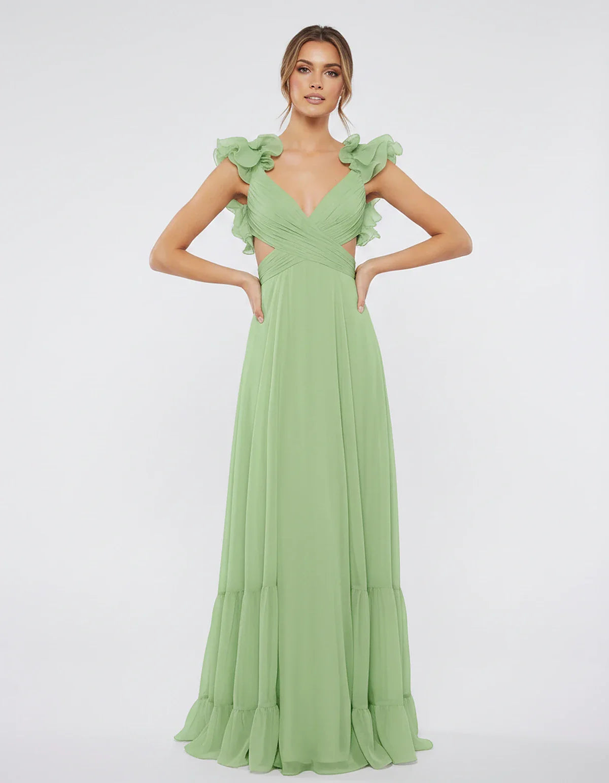 Chiffon Floral Ruffle Sleeve V-Neck A-Line Maxi Dress for Party, Cocktail, Evening, Wedding Guest & Summer Events, front view | SKU: SMD-583741926184507-SAGE-L,SMD-583741926184507-SAGE-M,SMD-583741926184507-SAGE-S,SMD-583741926184507-SAGE-XL,SMD-583741926184507-SAGE-XS