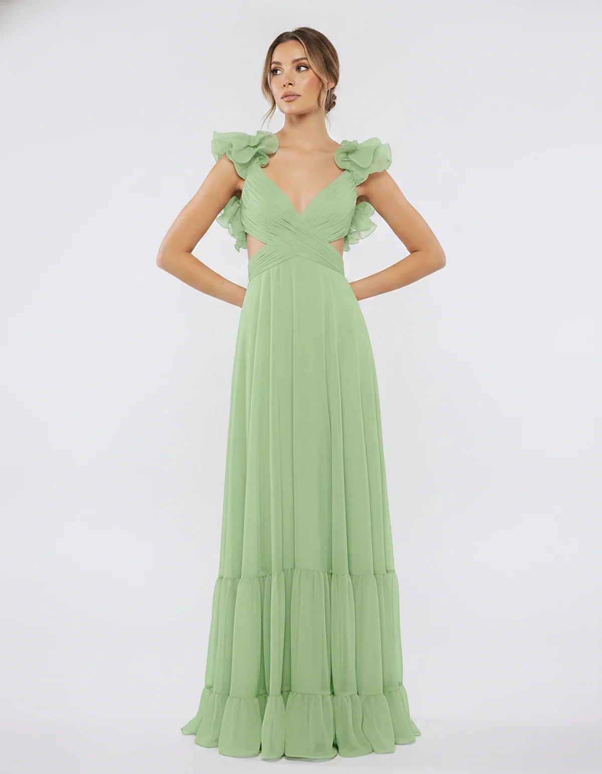Chiffon Floral Ruffle Sleeve V-Neck A-Line Maxi Dress for Party, Cocktail, Evening, Wedding Guest & Summer Events, front view | SKU: SMD-583741926184507-SAGE-L,SMD-583741926184507-SAGE-M,SMD-583741926184507-SAGE-S,SMD-583741926184507-SAGE-XL,SMD-583741926184507-SAGE-XS