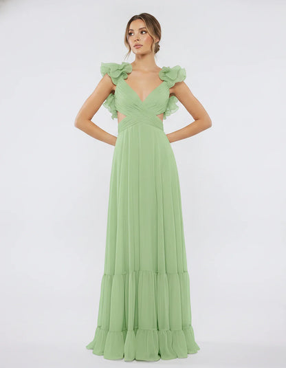 Chiffon Floral Ruffle Sleeve V-Neck A-Line Maxi Dress for Party, Cocktail, Evening, Wedding Guest & Summer Events, front view | SKU: SMD-583741926184507-SAGE-L,SMD-583741926184507-SAGE-M,SMD-583741926184507-SAGE-S,SMD-583741926184507-SAGE-XL,SMD-583741926184507-SAGE-XS