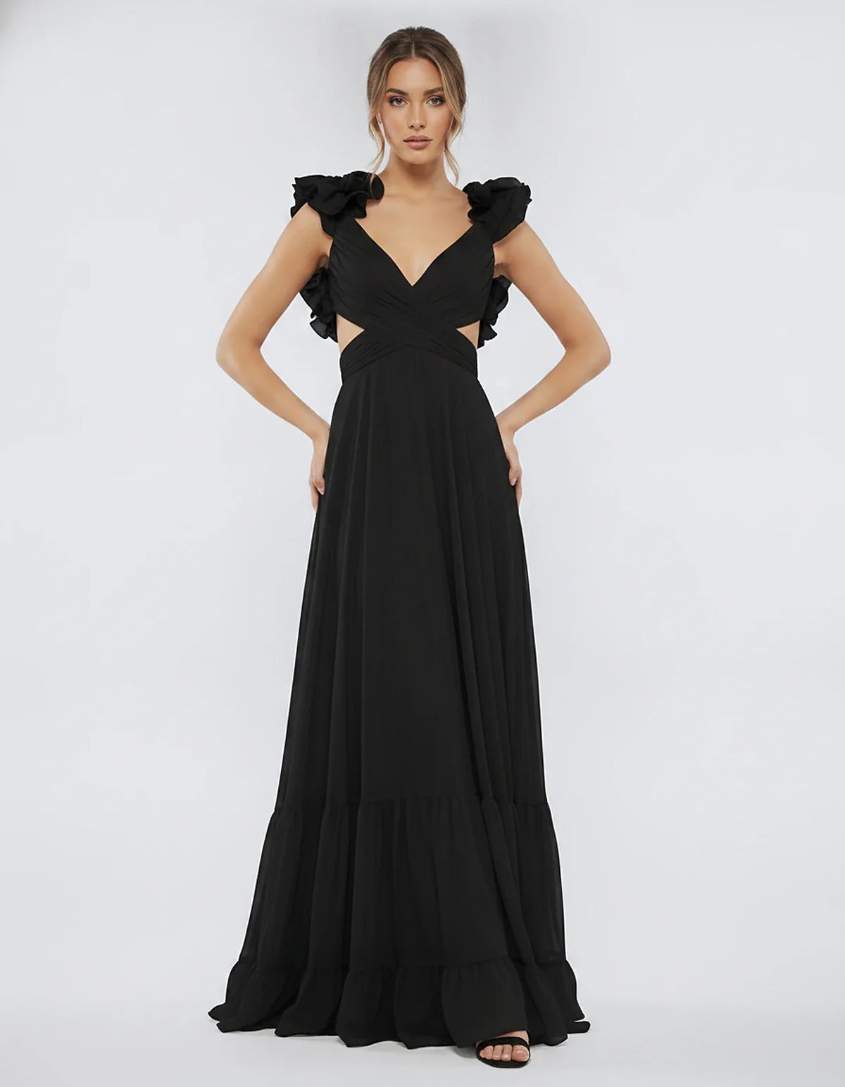 Chiffon Floral Ruffle Sleeve V-Neck A-Line Maxi Dress for Party, Cocktail, Evening, Wedding Guest & Summer Events, front view | SKU: SMD-583741926184507-BLACK-L,SMD-583741926184507-BLACK-M,SMD-583741926184507-BLACK-S,SMD-583741926184507-BLACK-XL,SMD-583741926184507-BLACK-XS