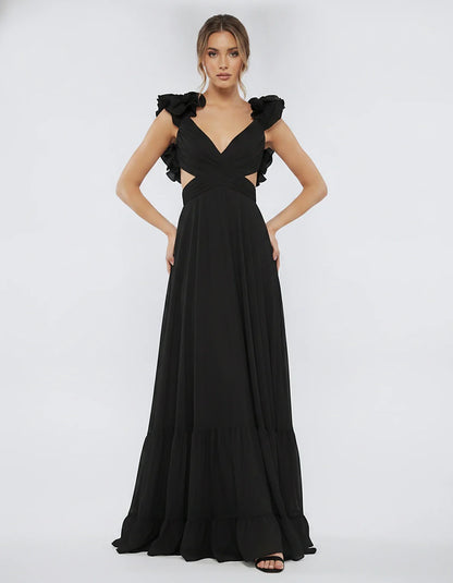 Chiffon Floral Ruffle Sleeve V-Neck A-Line Maxi Dress for Party, Cocktail, Evening, Wedding Guest & Summer Events, front view | SKU: SMD-583741926184507-BLACK-L,SMD-583741926184507-BLACK-M,SMD-583741926184507-BLACK-S,SMD-583741926184507-BLACK-XL,SMD-583741926184507-BLACK-XS