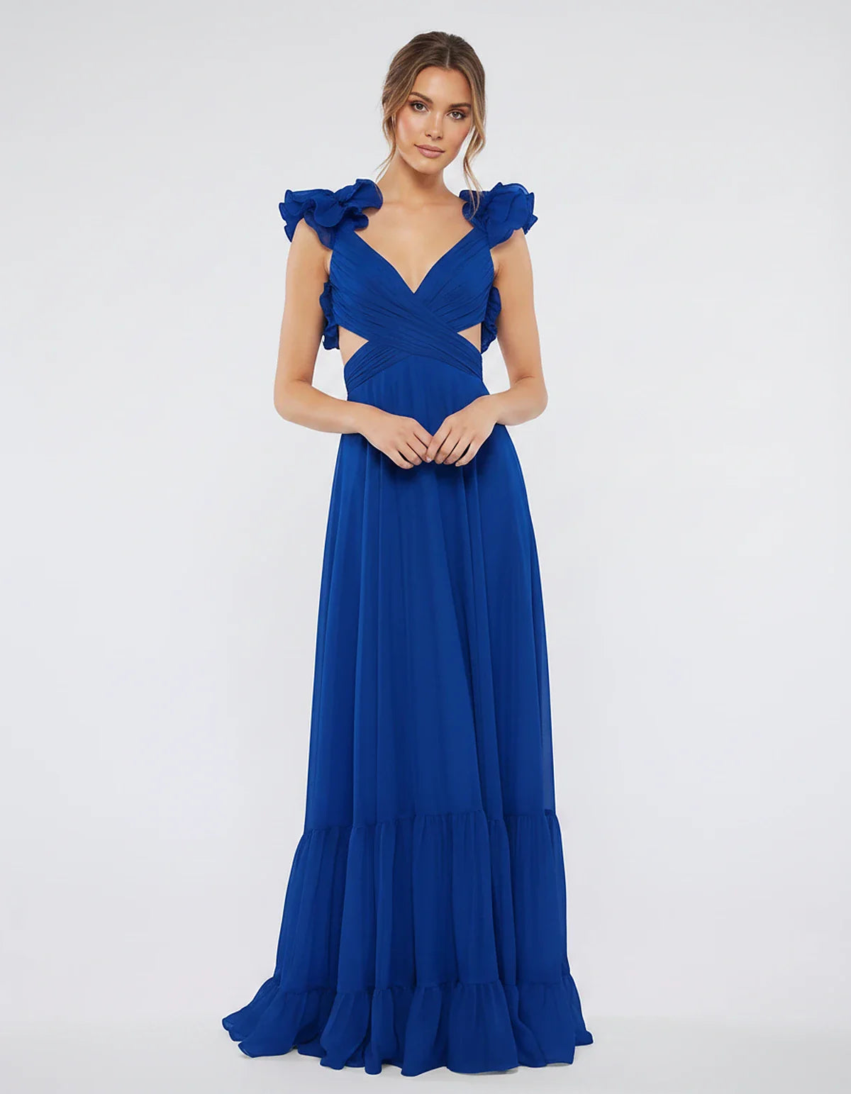 Chiffon Floral Ruffle Sleeve V-Neck A-Line Maxi Dress for Party, Cocktail, Evening, Wedding Guest & Summer Events, front view | SKU: SMD-583741926184507-ROYALBLUE-L,SMD-583741926184507-ROYALBLUE-M,SMD-583741926184507-ROYALBLUE-S,SMD-583741926184507-ROYALBLUE-XL,SMD-583741926184507-ROYALBLUE-XS