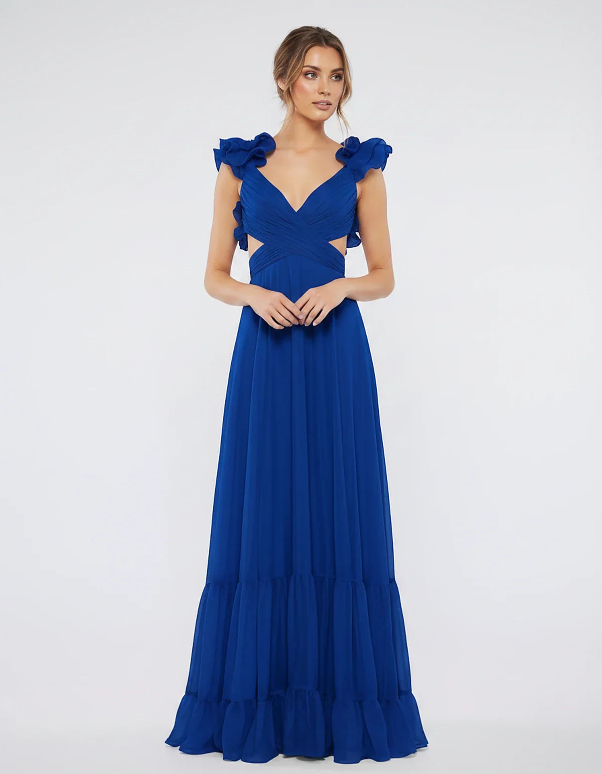 Chiffon Floral Ruffle Sleeve V-Neck A-Line Maxi Dress for Party, Cocktail, Evening, Wedding Guest & Summer Events, front view | SKU: SMD-583741926184507-ROYALBLUE-L,SMD-583741926184507-ROYALBLUE-M,SMD-583741926184507-ROYALBLUE-S,SMD-583741926184507-ROYALBLUE-XL,SMD-583741926184507-ROYALBLUE-XS