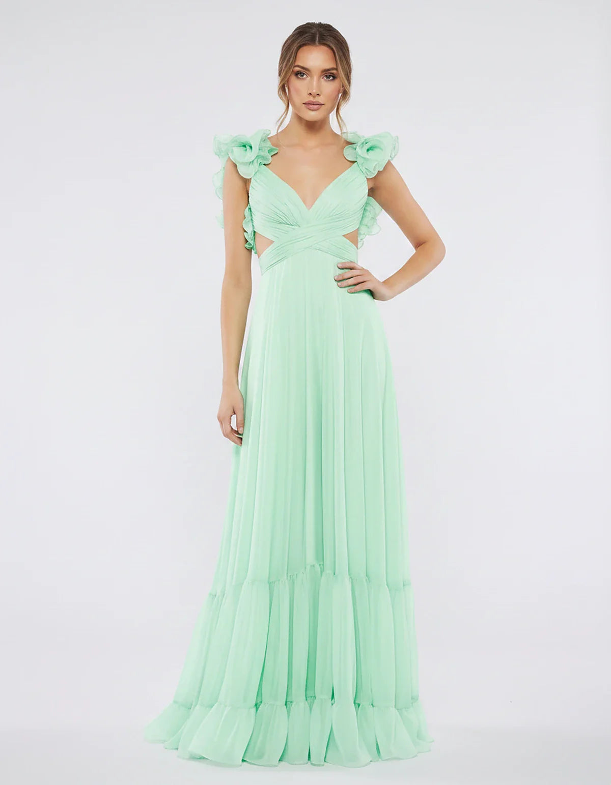 Chiffon Floral Ruffle Sleeve V-Neck A-Line Maxi Dress for Party, Cocktail, Evening, Wedding Guest & Summer Events, front view | SKU: SMD-583741926184507-MINT-L,SMD-583741926184507-MINT-M,SMD-583741926184507-MINT-S,SMD-583741926184507-MINT-XL,SMD-583741926184507-MINT-XS