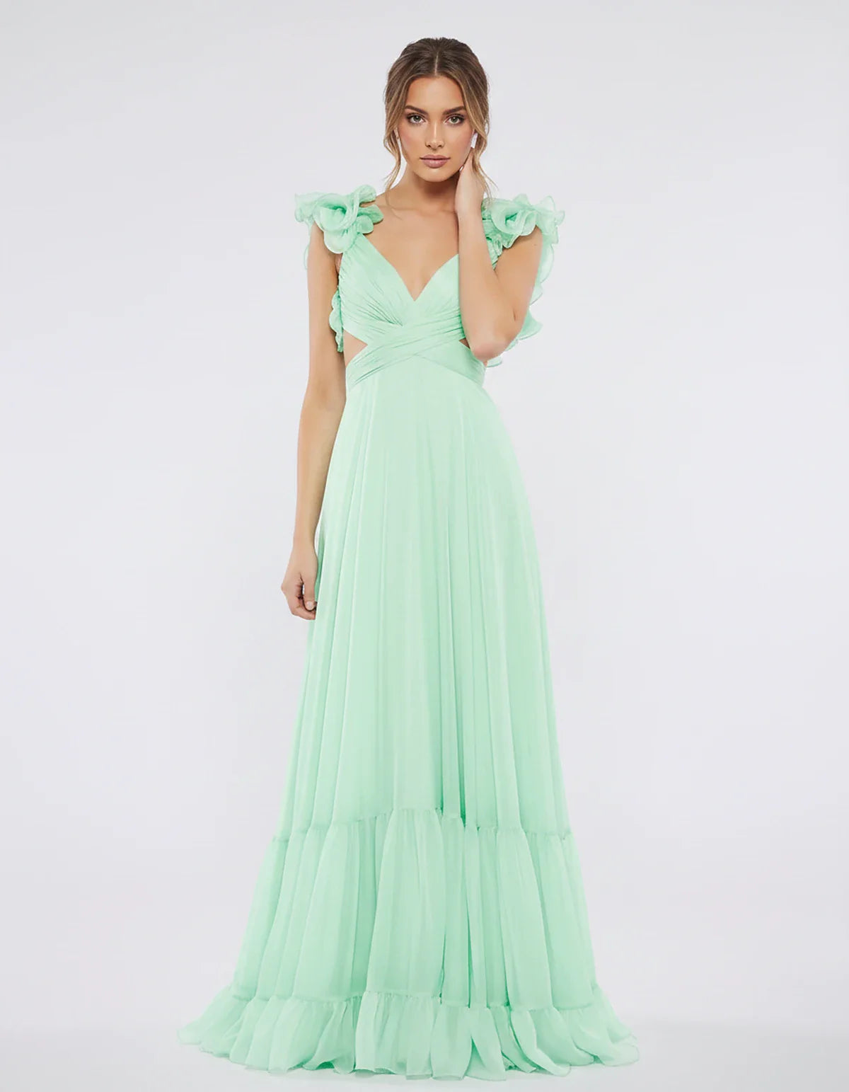 Chiffon Floral Ruffle Sleeve V-Neck A-Line Maxi Dress for Party, Cocktail, Evening, Wedding Guest & Summer Events, front view | SKU: SMD-583741926184507-MINT-L,SMD-583741926184507-MINT-M,SMD-583741926184507-MINT-S,SMD-583741926184507-MINT-XL,SMD-583741926184507-MINT-XS