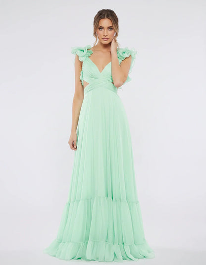 Chiffon Floral Ruffle Sleeve V-Neck A-Line Maxi Dress for Party, Cocktail, Evening, Wedding Guest & Summer Events, front view | SKU: SMD-583741926184507-MINT-L,SMD-583741926184507-MINT-M,SMD-583741926184507-MINT-S,SMD-583741926184507-MINT-XL,SMD-583741926184507-MINT-XS
