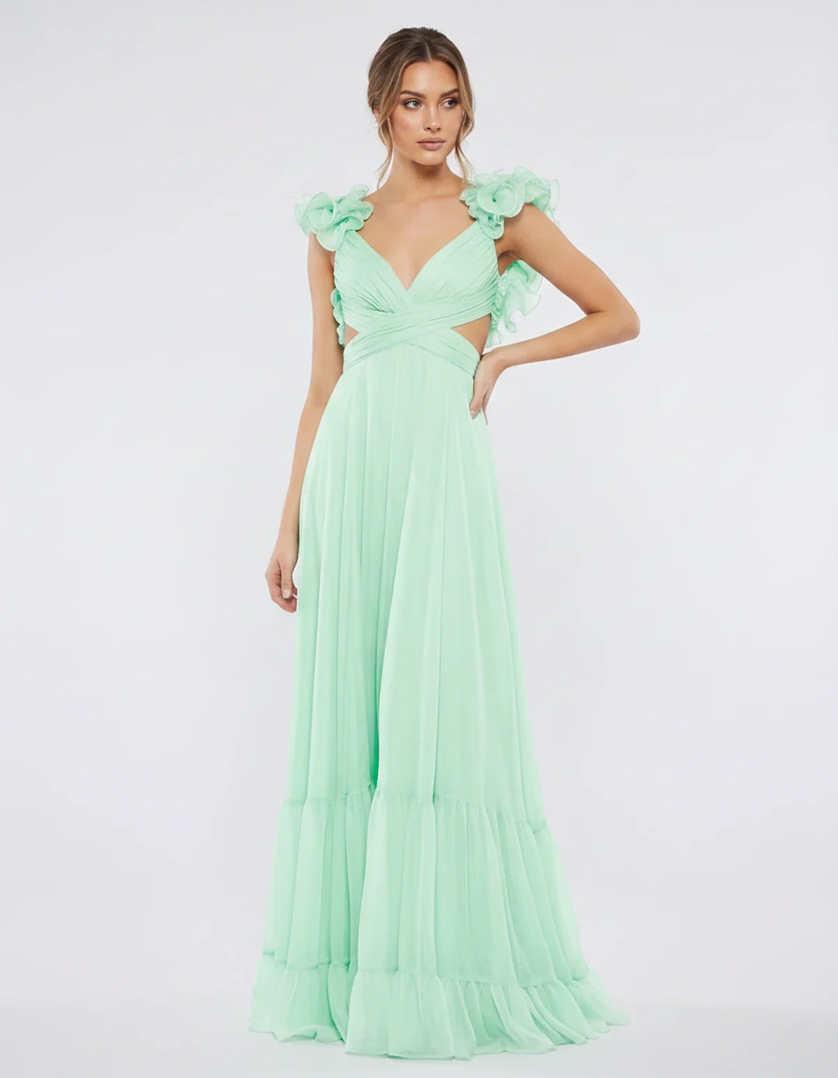 Chiffon Floral Ruffle Sleeve V-Neck A-Line Maxi Dress for Party, Cocktail, Evening, Wedding Guest & Summer Events, front view | SKU: SMD-583741926184507-MINT-L,SMD-583741926184507-MINT-M,SMD-583741926184507-MINT-S,SMD-583741926184507-MINT-XL,SMD-583741926184507-MINT-XS