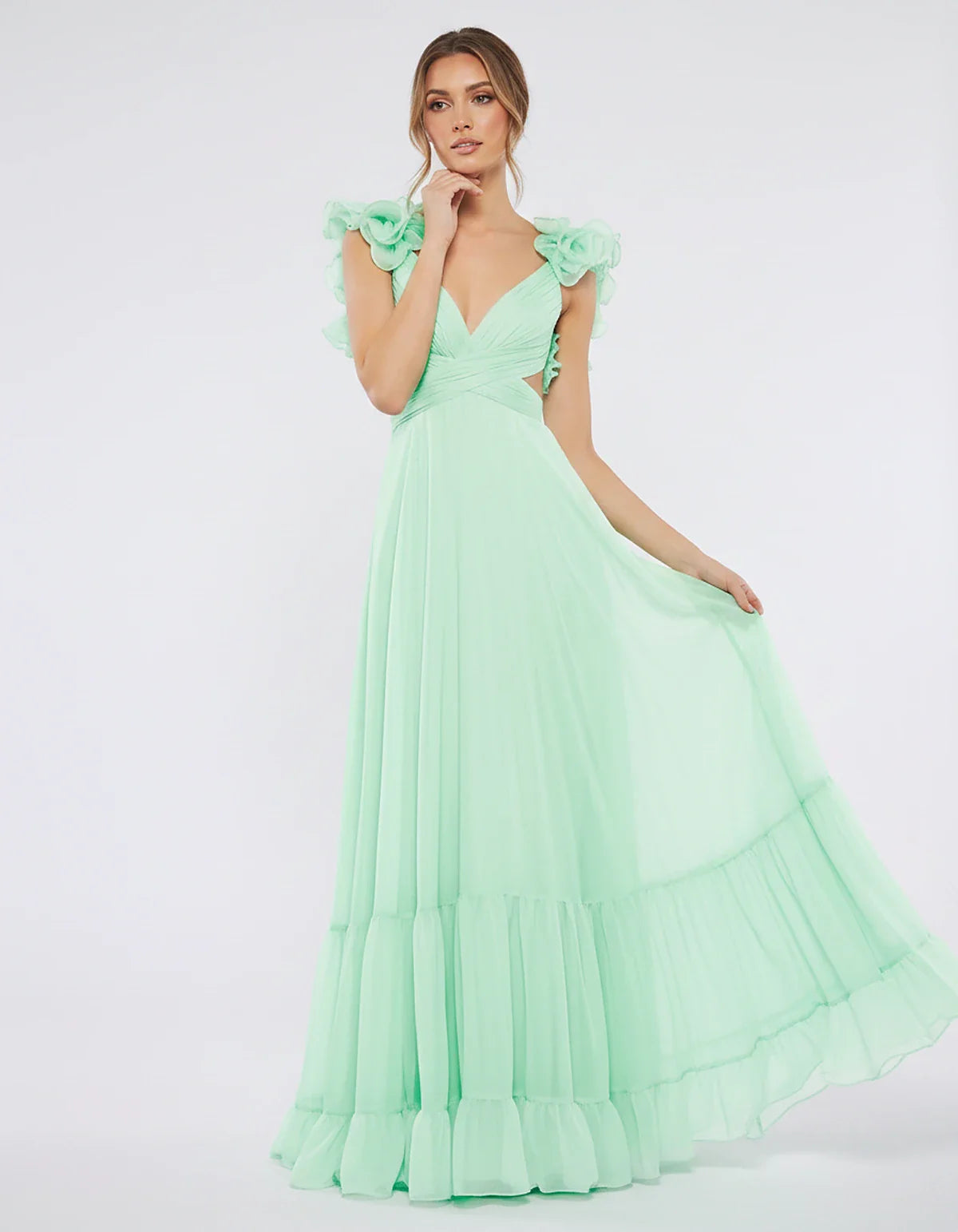 Chiffon Floral Ruffle Sleeve V-Neck A-Line Maxi Dress for Party, Cocktail, Evening, Wedding Guest & Summer Events, front view | SKU: SMD-583741926184507-MINT-L,SMD-583741926184507-MINT-M,SMD-583741926184507-MINT-S,SMD-583741926184507-MINT-XL,SMD-583741926184507-MINT-XS