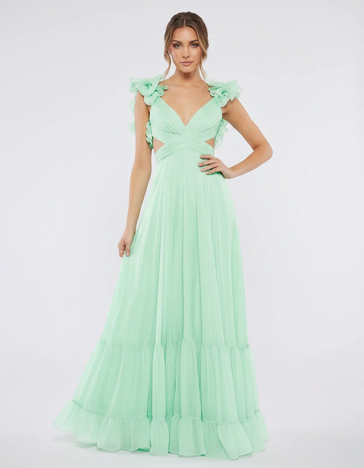 Chiffon Floral Ruffle Sleeve V-Neck A-Line Maxi Dress for Party, Cocktail, Evening, Wedding Guest & Summer Events, front view | SKU: SMD-583741926184507-MINT-L,SMD-583741926184507-MINT-M,SMD-583741926184507-MINT-S,SMD-583741926184507-MINT-XL,SMD-583741926184507-MINT-XS