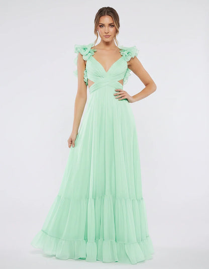 Chiffon Floral Ruffle Sleeve V-Neck A-Line Maxi Dress for Party, Cocktail, Evening, Wedding Guest & Summer Events, front view | SKU: SMD-583741926184507-MINT-L,SMD-583741926184507-MINT-M,SMD-583741926184507-MINT-S,SMD-583741926184507-MINT-XL,SMD-583741926184507-MINT-XS