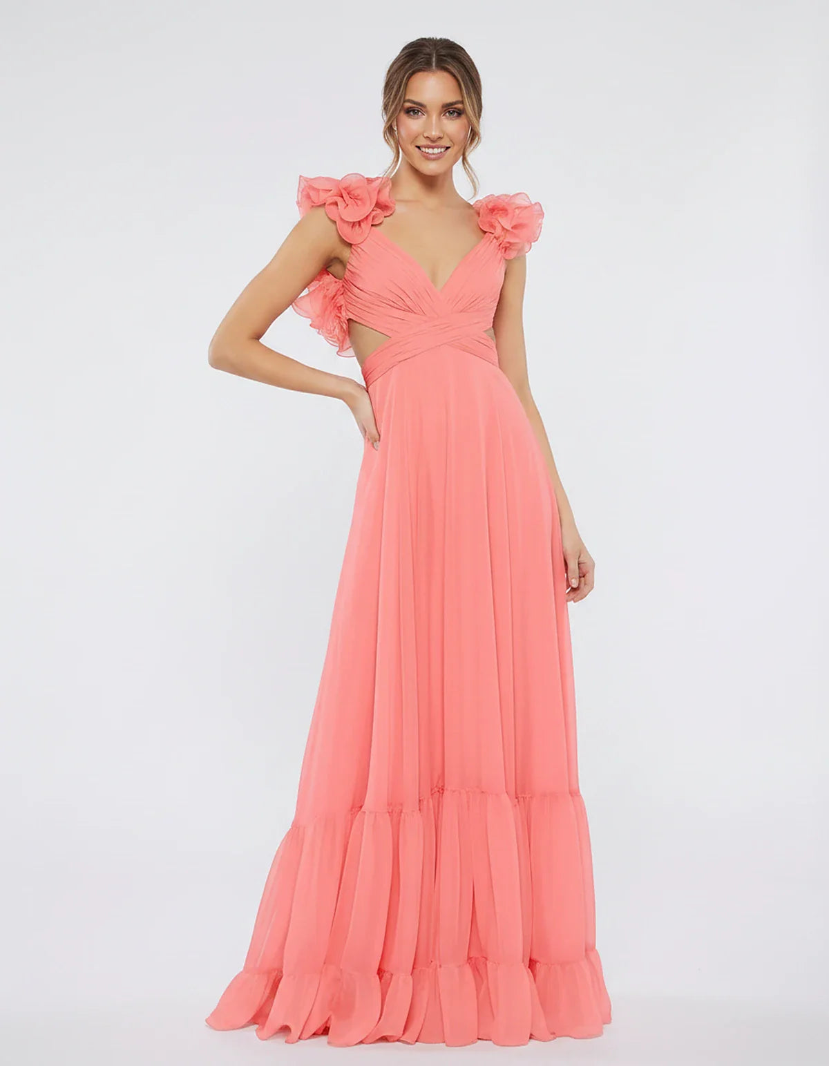 Chiffon Floral Ruffle Sleeve V-Neck A-Line Maxi Dress for Party, Cocktail, Evening, Wedding Guest & Summer Events, front view | SKU: SMD-583741926184507-CORAL-L,SMD-583741926184507-CORAL-M,SMD-583741926184507-CORAL-S,SMD-583741926184507-CORAL-XL,SMD-583741926184507-CORAL-XS