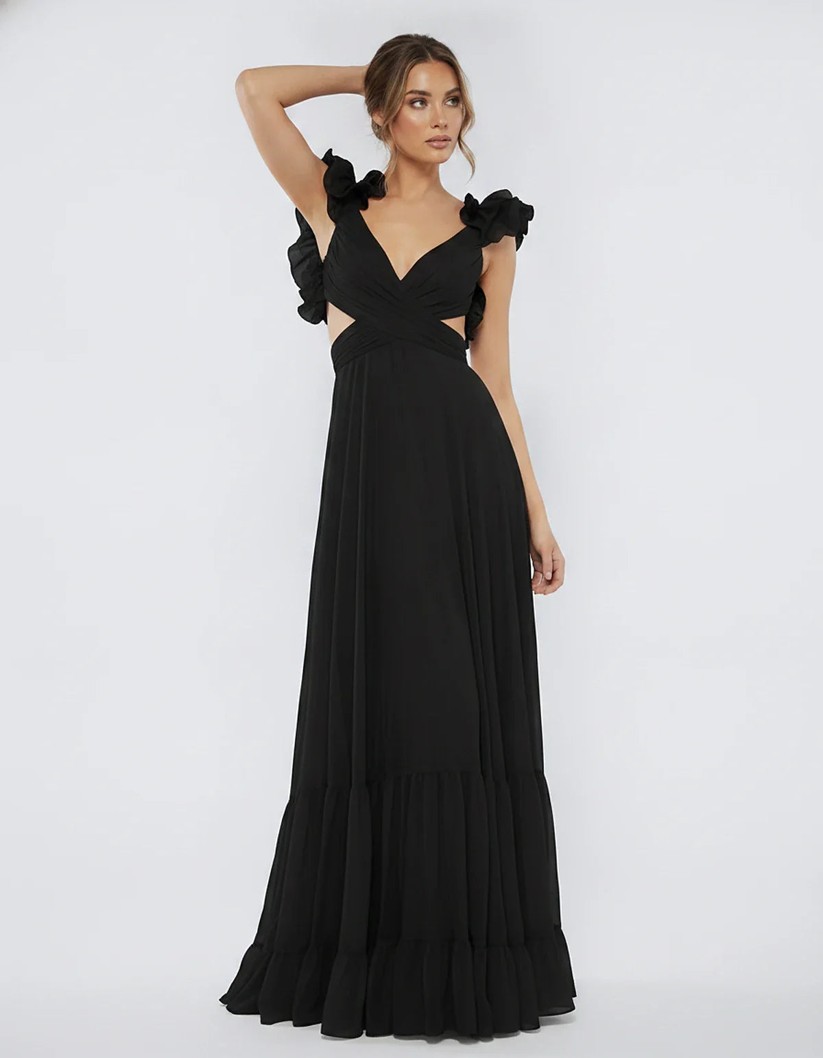 Chiffon Floral Ruffle Sleeve V-Neck A-Line Maxi Dress for Party, Cocktail, Evening, Wedding Guest & Summer Events, front view | SKU: SMD-583741926184507-BLACK-L,SMD-583741926184507-BLACK-M,SMD-583741926184507-BLACK-S,SMD-583741926184507-BLACK-XL,SMD-583741926184507-BLACK-XS