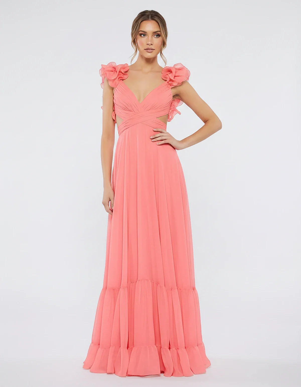 Chiffon Floral Ruffle Sleeve V-Neck A-Line Maxi Dress for Party, Cocktail, Evening, Wedding Guest & Summer Events, front view | SKU: SMD-583741926184507-CORAL-L,SMD-583741926184507-CORAL-M,SMD-583741926184507-CORAL-S,SMD-583741926184507-CORAL-XL,SMD-583741926184507-CORAL-XS