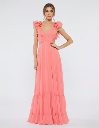 Chiffon Floral Ruffle Sleeve V-Neck A-Line Maxi Dress for Party, Cocktail, Evening, Wedding Guest & Summer Events, front view | SKU: SMD-583741926184507-CORAL-L,SMD-583741926184507-CORAL-M,SMD-583741926184507-CORAL-S,SMD-583741926184507-CORAL-XL,SMD-583741926184507-CORAL-XS