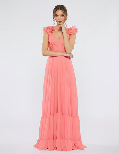 Chiffon Floral Ruffle Sleeve V-Neck A-Line Maxi Dress for Party, Cocktail, Evening, Wedding Guest & Summer Events, front view | SKU: SMD-583741926184507-CORAL-L,SMD-583741926184507-CORAL-M,SMD-583741926184507-CORAL-S,SMD-583741926184507-CORAL-XL,SMD-583741926184507-CORAL-XS
