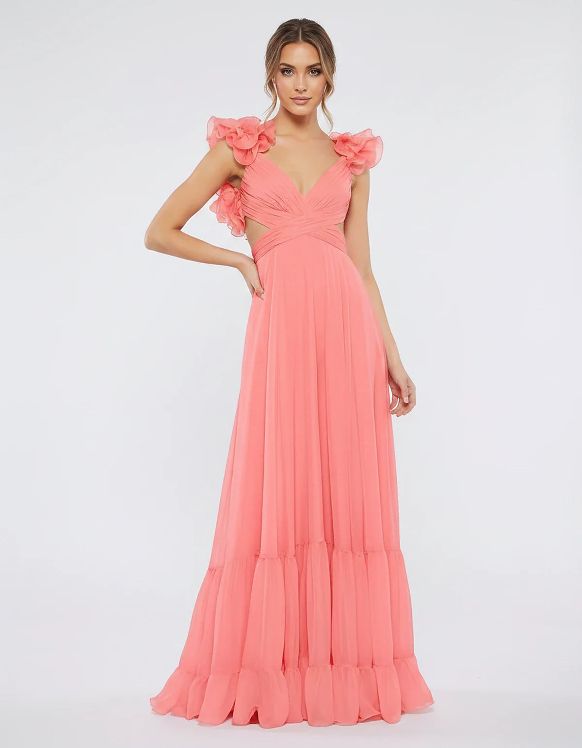 Chiffon Floral Ruffle Sleeve V-Neck A-Line Maxi Dress for Party, Cocktail, Evening, Wedding Guest & Summer Events, front view | SKU: SMD-583741926184507-CORAL-L,SMD-583741926184507-CORAL-M,SMD-583741926184507-CORAL-S,SMD-583741926184507-CORAL-XL,SMD-583741926184507-CORAL-XS