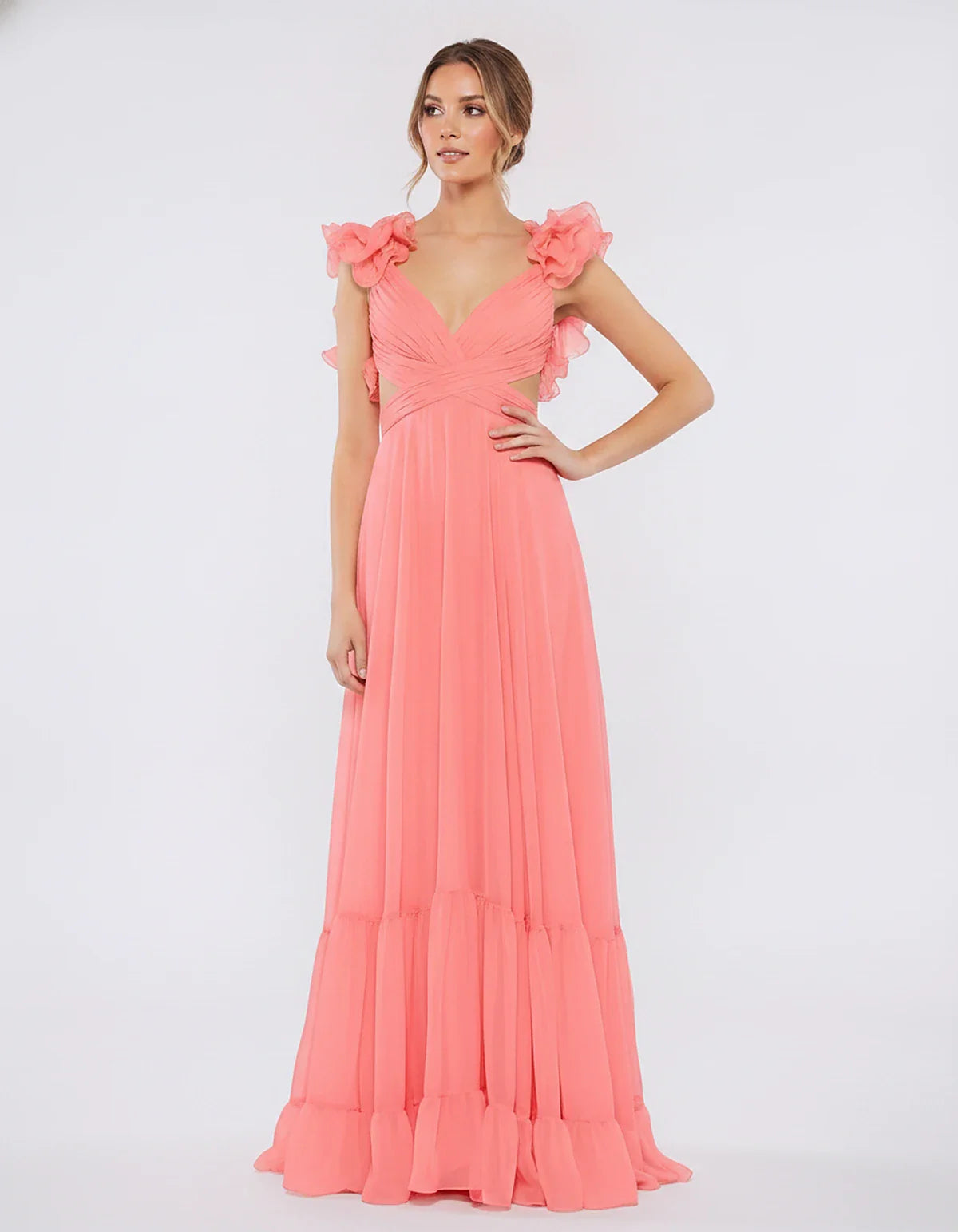 Chiffon Floral Ruffle Sleeve V-Neck A-Line Maxi Dress for Party, Cocktail, Evening, Wedding Guest & Summer Events, front view | SKU: SMD-583741926184507-CORAL-L,SMD-583741926184507-CORAL-M,SMD-583741926184507-CORAL-S,SMD-583741926184507-CORAL-XL,SMD-583741926184507-CORAL-XS