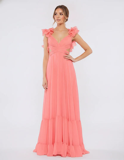 Chiffon Floral Ruffle Sleeve V-Neck A-Line Maxi Dress for Party, Cocktail, Evening, Wedding Guest & Summer Events, front view | SKU: SMD-583741926184507-CORAL-L,SMD-583741926184507-CORAL-M,SMD-583741926184507-CORAL-S,SMD-583741926184507-CORAL-XL,SMD-583741926184507-CORAL-XS