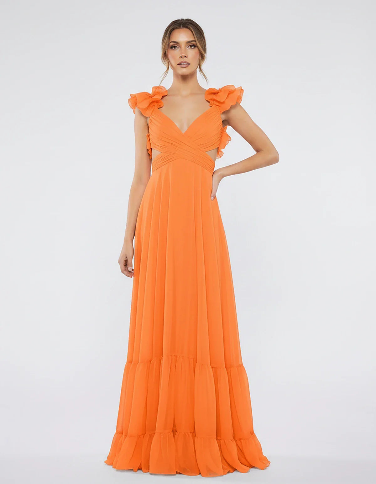 Chiffon Floral Ruffle Sleeve V-Neck A-Line Maxi Dress for Party, Cocktail, Evening, Wedding Guest & Summer Events, front view | SKU: SMD-583741926184507-ORANGE-L,SMD-583741926184507-ORANGE-M,SMD-583741926184507-ORANGE-S,SMD-583741926184507-ORANGE-XL,SMD-583741926184507-ORANGE-XS