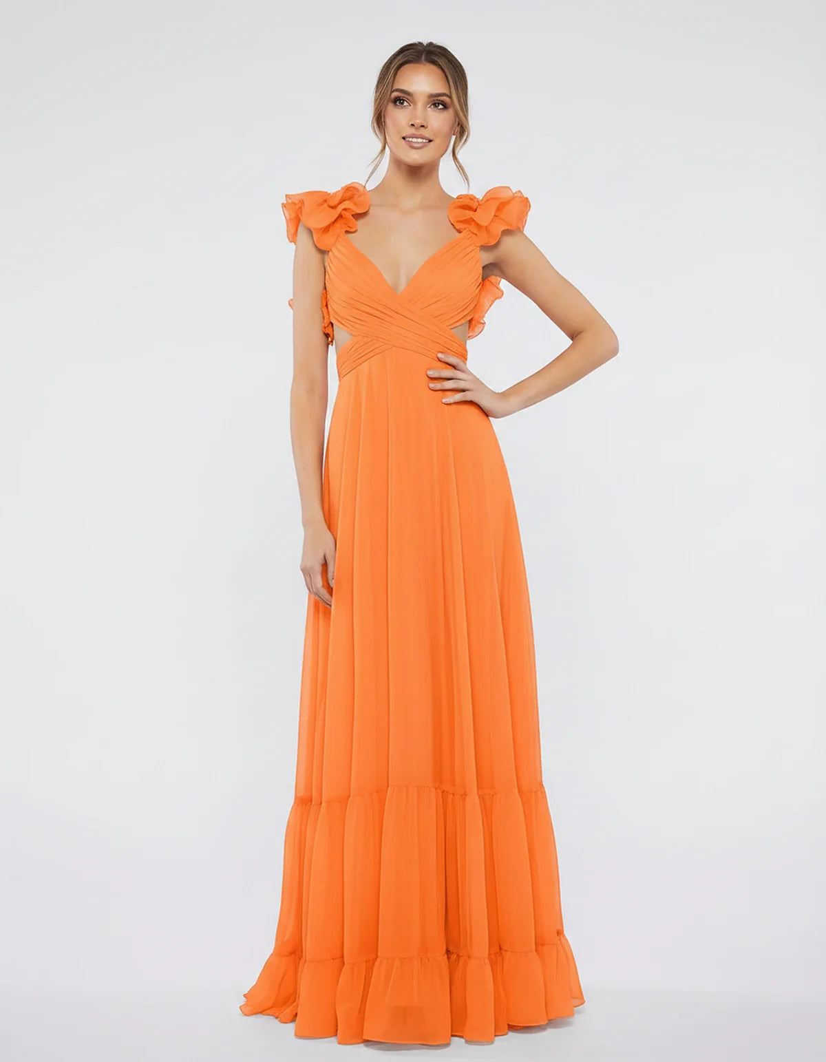 Chiffon Floral Ruffle Sleeve V-Neck A-Line Maxi Dress for Party, Cocktail, Evening, Wedding Guest & Summer Events, front view | SKU: SMD-583741926184507-ORANGE-L,SMD-583741926184507-ORANGE-M,SMD-583741926184507-ORANGE-S,SMD-583741926184507-ORANGE-XL,SMD-583741926184507-ORANGE-XS