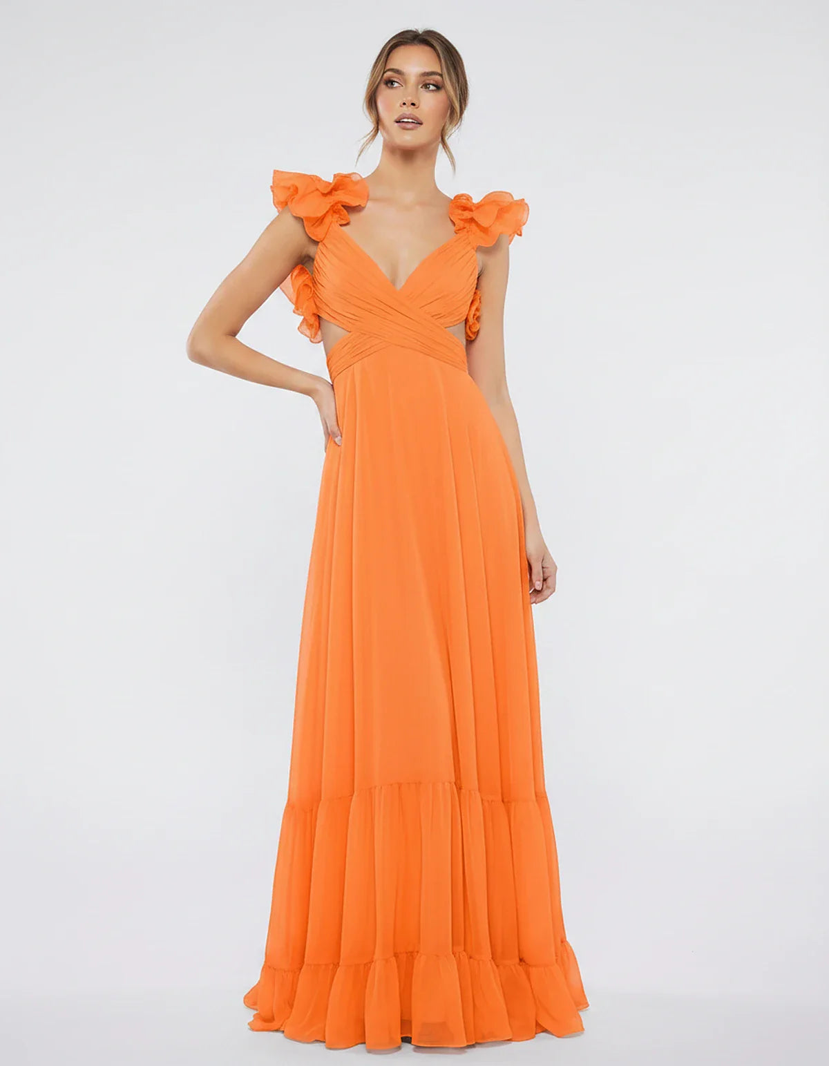 Chiffon Floral Ruffle Sleeve V-Neck A-Line Maxi Dress for Party, Cocktail, Evening, Wedding Guest & Summer Events, front view | SKU: SMD-583741926184507-ORANGE-L,SMD-583741926184507-ORANGE-M,SMD-583741926184507-ORANGE-S,SMD-583741926184507-ORANGE-XL,SMD-583741926184507-ORANGE-XS