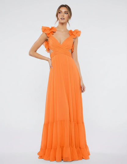 Chiffon Floral Ruffle Sleeve V-Neck A-Line Maxi Dress for Party, Cocktail, Evening, Wedding Guest & Summer Events, front view | SKU: SMD-583741926184507-ORANGE-L,SMD-583741926184507-ORANGE-M,SMD-583741926184507-ORANGE-S,SMD-583741926184507-ORANGE-XL,SMD-583741926184507-ORANGE-XS