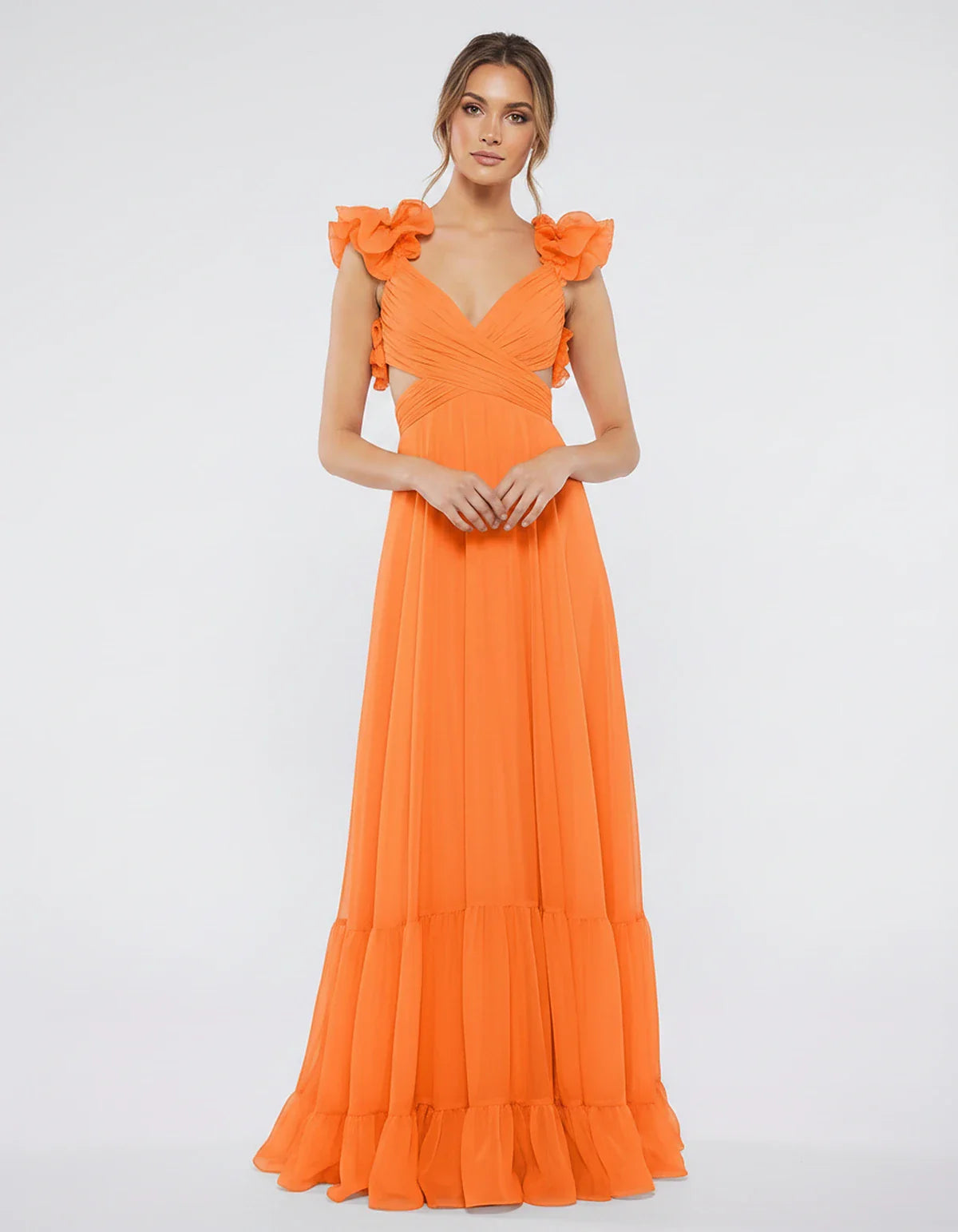 Chiffon Floral Ruffle Sleeve V-Neck A-Line Maxi Dress for Party, Cocktail, Evening, Wedding Guest & Summer Events, front view | SKU: SMD-583741926184507-ORANGE-L,SMD-583741926184507-ORANGE-M,SMD-583741926184507-ORANGE-S,SMD-583741926184507-ORANGE-XL,SMD-583741926184507-ORANGE-XS