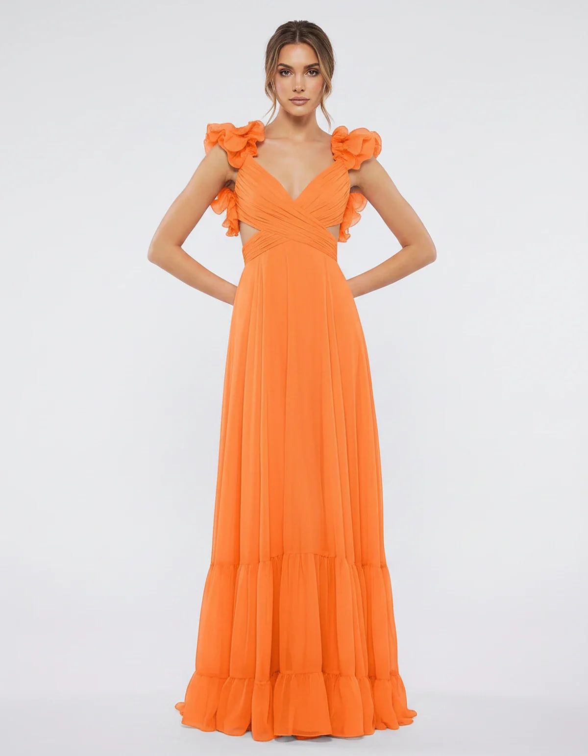 Chiffon Floral Ruffle Sleeve V-Neck A-Line Maxi Dress for Party, Cocktail, Evening, Wedding Guest & Summer Events, front view | SKU: SMD-583741926184507-ORANGE-L,SMD-583741926184507-ORANGE-M,SMD-583741926184507-ORANGE-S,SMD-583741926184507-ORANGE-XL,SMD-583741926184507-ORANGE-XS