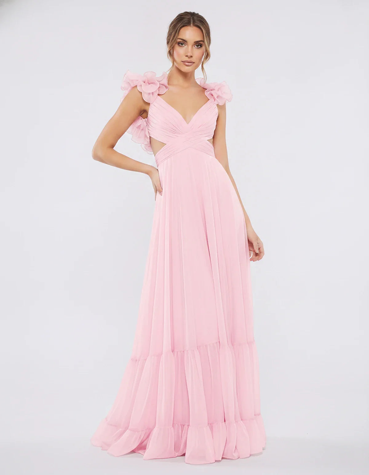 Chiffon Floral Ruffle Sleeve V-Neck A-Line Maxi Dress for Party, Cocktail, Evening, Wedding Guest & Summer Events, front view | SKU: SMD-583741926184507-PINK-L,SMD-583741926184507-PINK-M,SMD-583741926184507-PINK-S,SMD-583741926184507-PINK-XL,SMD-583741926184507-PINK-XS