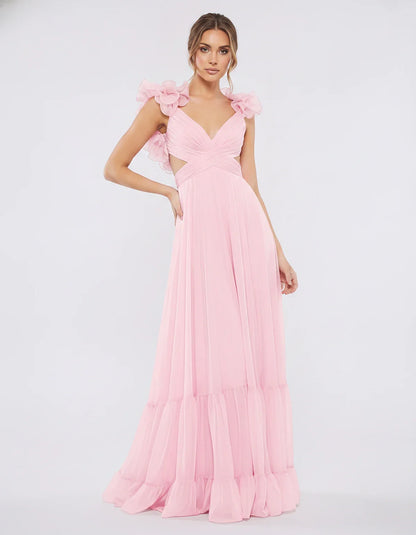 Chiffon Floral Ruffle Sleeve V-Neck A-Line Maxi Dress for Party, Cocktail, Evening, Wedding Guest & Summer Events, front view | SKU: SMD-583741926184507-PINK-L,SMD-583741926184507-PINK-M,SMD-583741926184507-PINK-S,SMD-583741926184507-PINK-XL,SMD-583741926184507-PINK-XS