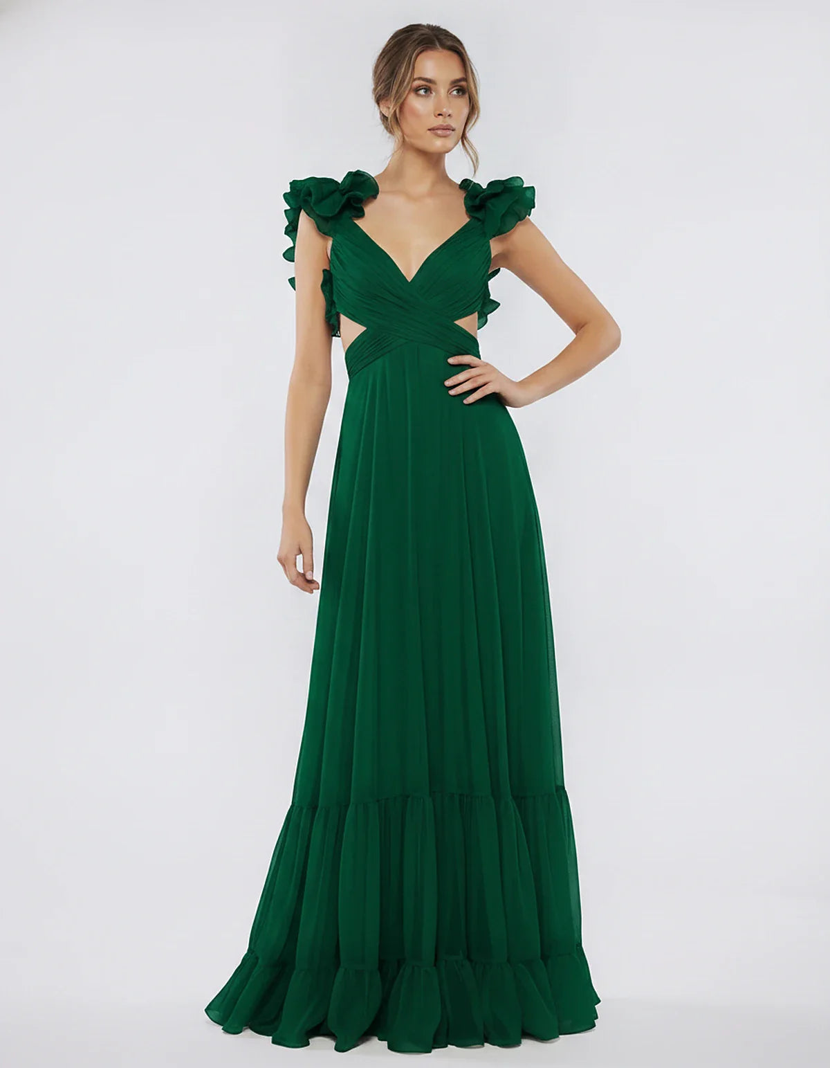 Chiffon Floral Ruffle Sleeve V-Neck A-Line Maxi Dress for Party, Cocktail, Evening, Wedding Guest & Summer Events, front view | SKU: SMD-583741926184507-EMERALD-L,SMD-583741926184507-EMERALD-M,SMD-583741926184507-EMERALD-S,SMD-583741926184507-EMERALD-XL,SMD-583741926184507-EMERALD-XS