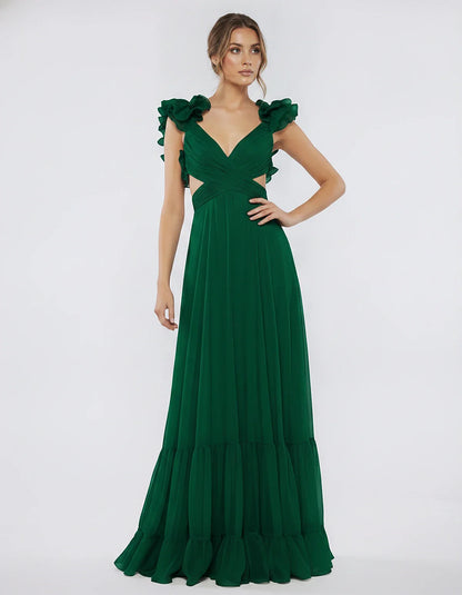 Chiffon Floral Ruffle Sleeve V-Neck A-Line Maxi Dress for Party, Cocktail, Evening, Wedding Guest & Summer Events, front view | SKU: SMD-583741926184507-EMERALD-L,SMD-583741926184507-EMERALD-M,SMD-583741926184507-EMERALD-S,SMD-583741926184507-EMERALD-XL,SMD-583741926184507-EMERALD-XS