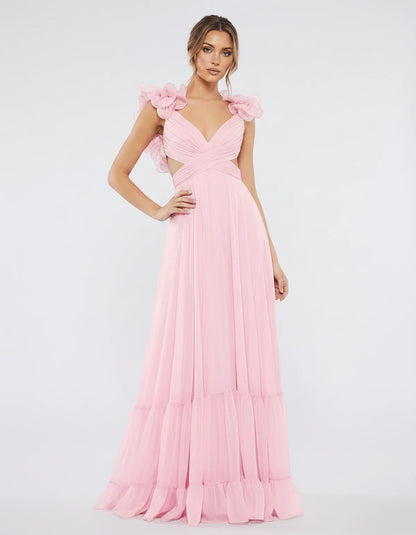 Chiffon Floral Ruffle Sleeve V-Neck A-Line Maxi Dress for Party, Cocktail, Evening, Wedding Guest & Summer Events, front view | SKU: SMD-583741926184507-PINK-L,SMD-583741926184507-PINK-M,SMD-583741926184507-PINK-S,SMD-583741926184507-PINK-XL,SMD-583741926184507-PINK-XS