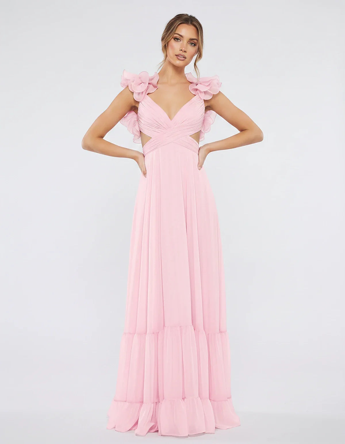 Chiffon Floral Ruffle Sleeve V-Neck A-Line Maxi Dress for Party, Cocktail, Evening, Wedding Guest & Summer Events, front view | SKU: SMD-583741926184507-PINK-L,SMD-583741926184507-PINK-M,SMD-583741926184507-PINK-S,SMD-583741926184507-PINK-XL,SMD-583741926184507-PINK-XS